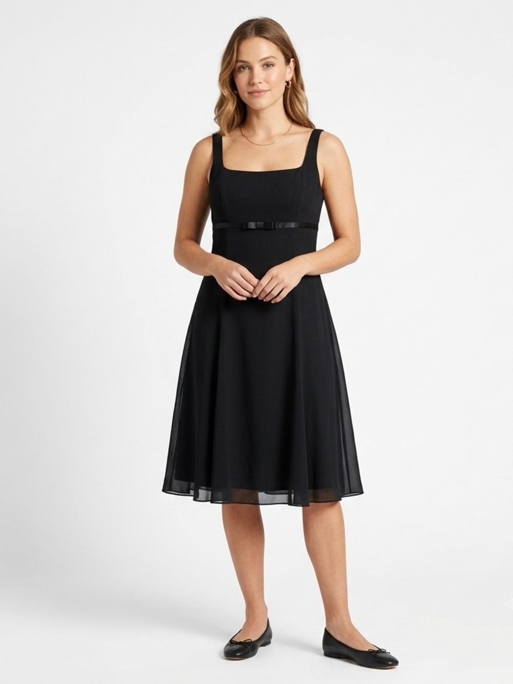 London Times Black Chiffon A-Line Dress Size 12 Sleeveless Satin Trim Cocktail